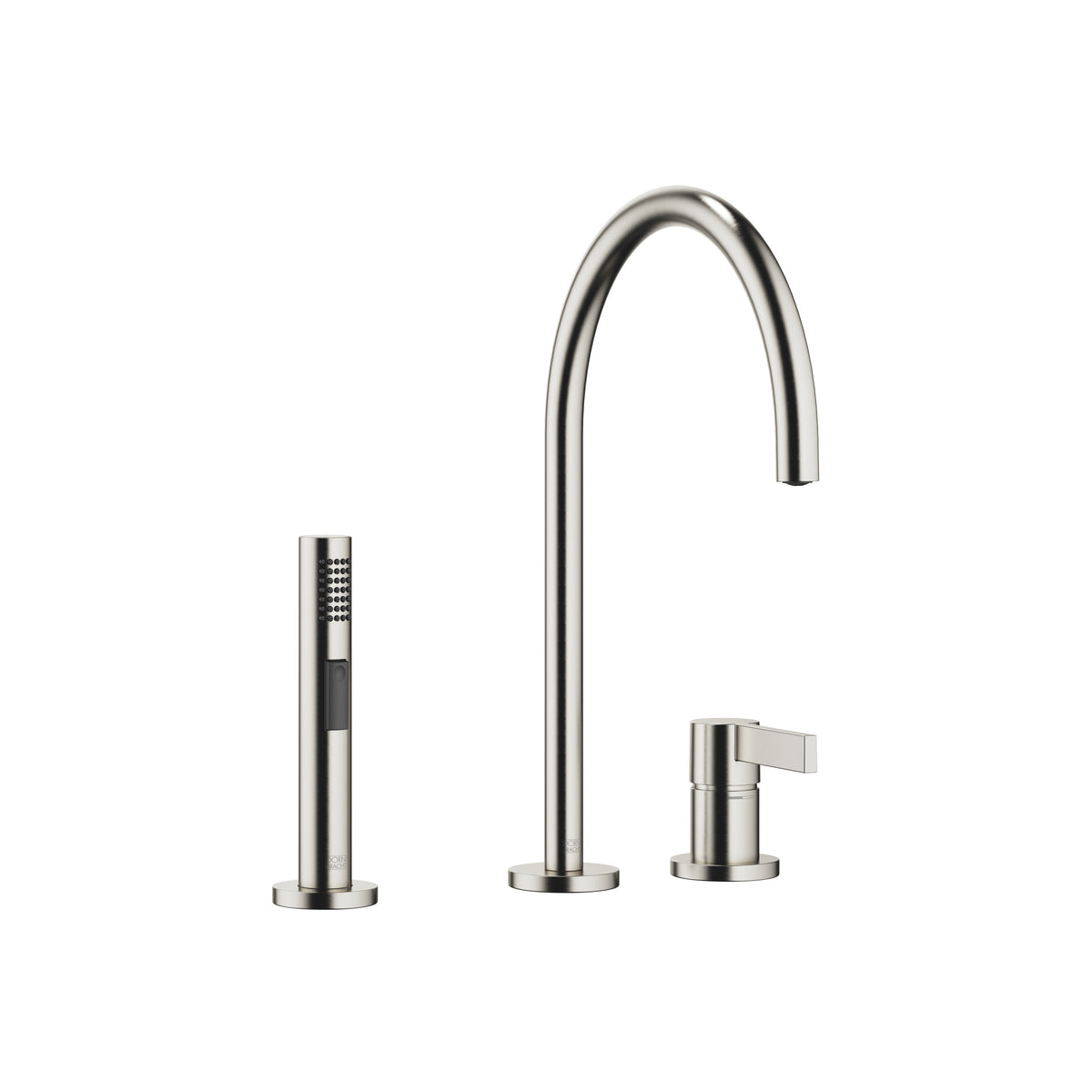 Dornbracht TARA ULTRA İki Delikli Batarya Ayrı Rozetli Bulaşık Spreyi Setli — Fırçalanmış Platin